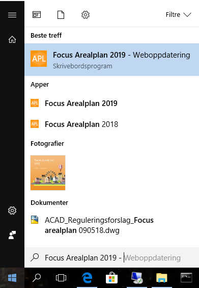 Web-oppdatering for Focus Arealplan 2019 i Windows 10